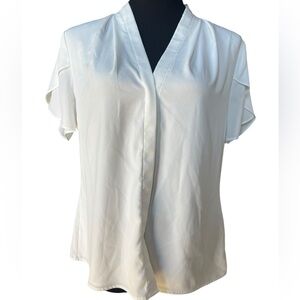 Calvin Klein White Drape Front Blouse Large Flutter Sleeve Stretch Top